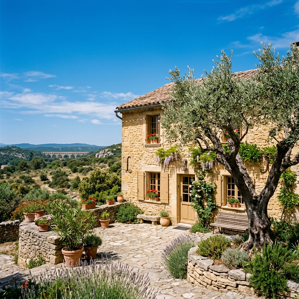 Golden stone Gard village house with new wooden painted windows matching stone color, ancient olive tree in courtyard, deep blue summer sky over garrigue landscape, Roman aqueduct silhouette in far distance, no text, no people, French countryside photography